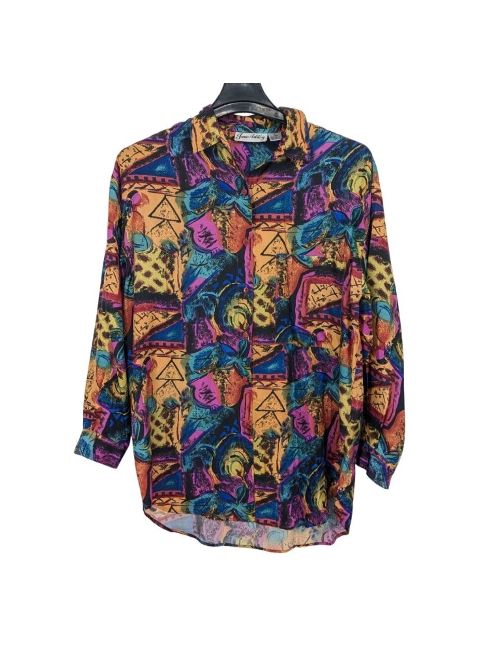 Vintage 90s Jane Ashley Silk Button UP Shirt Abstract‎ Retro Artsy Print Medium